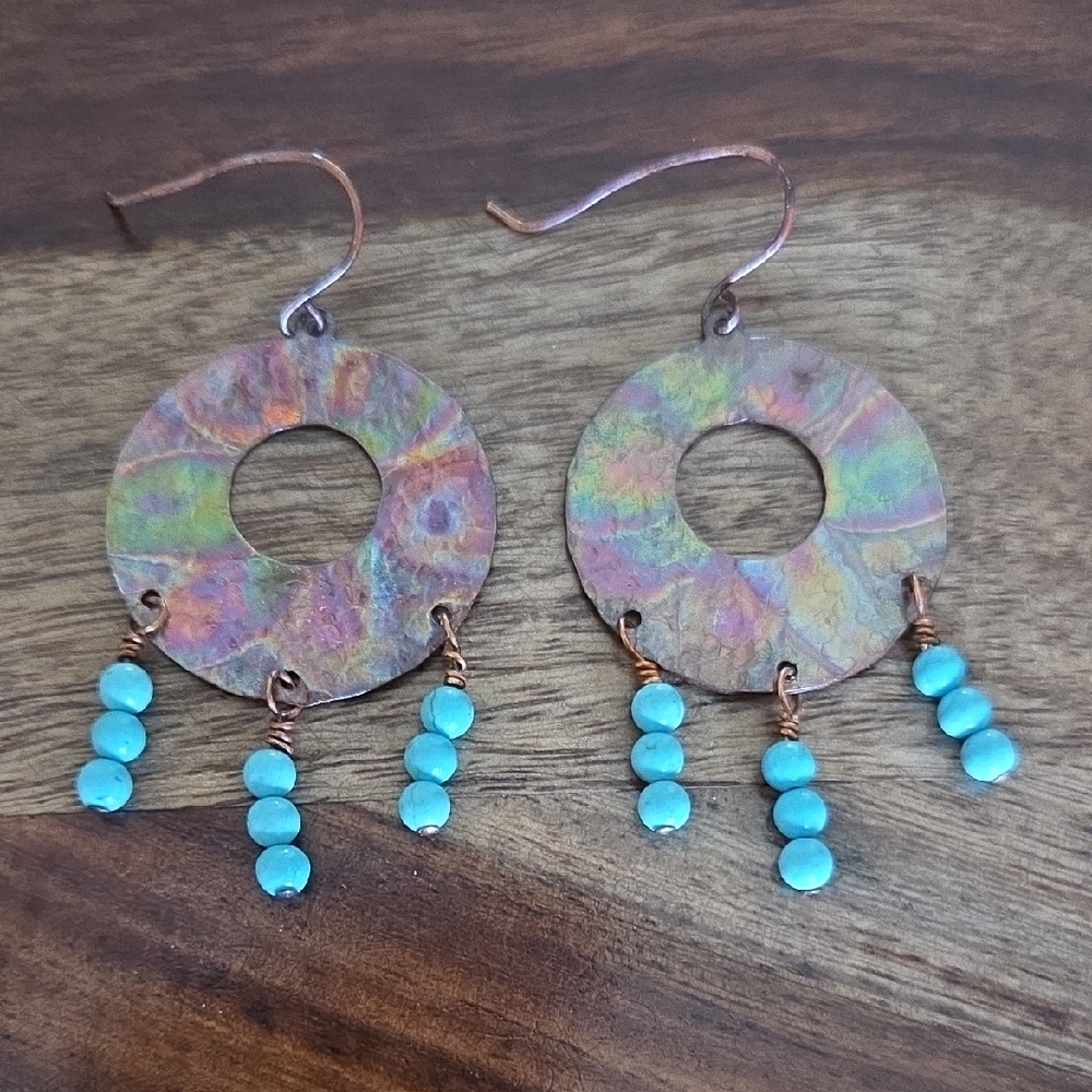 Flame Painted Multicolor Dangle Earrings with Turquoise Bead Accents